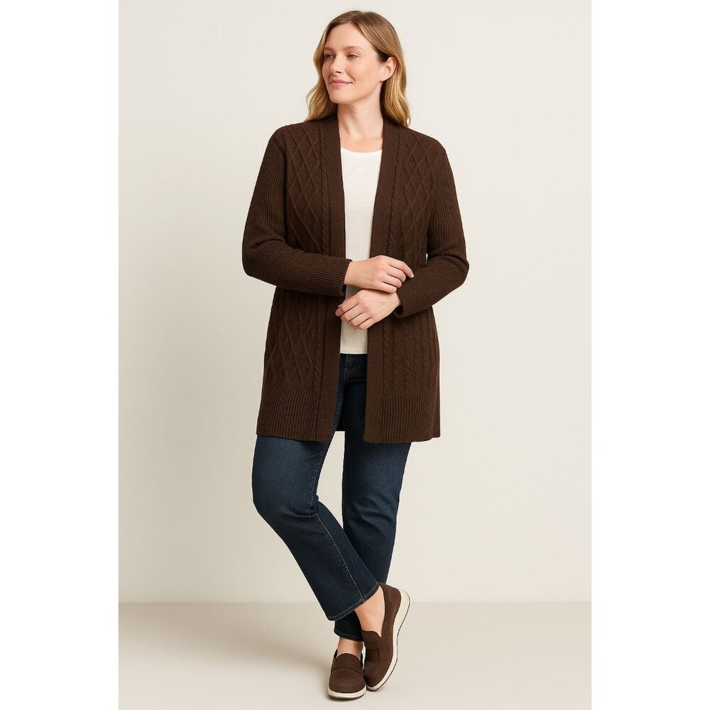 Chicos Espresso Brown Knit Open Front Cardigan Sweater Wool Cashmere Size 1 US M